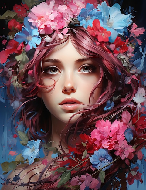 uma mulher com cabelo rosa e flores em um fundo azul