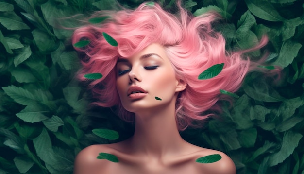 Uma mulher com cabelo rosa e folhas verdes na cabeça