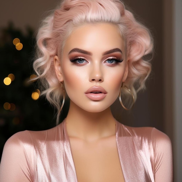 uma mulher com cabelo rosa e lábio rosa está posando para uma foto.