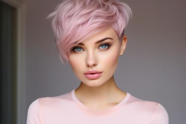 uma mulher com cabelo rosa e lábio rosa