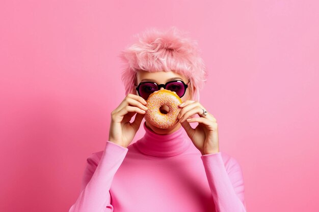 Foto uma mulher com cabelo rosa e óculos de sol segura um donut na frente de seu estilo de colagem de revista de rosto