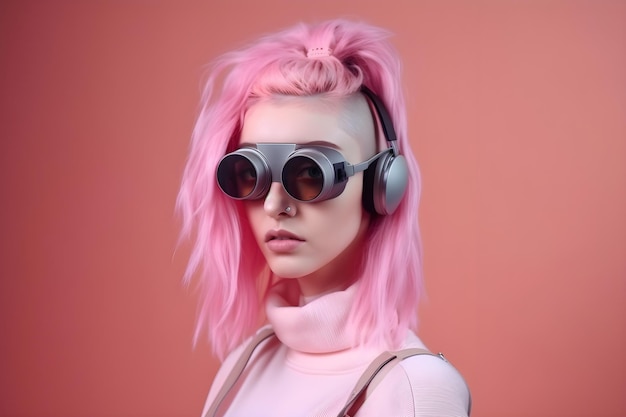 Uma mulher com cabelo rosa e óculos na cabeça está contra um fundo rosa.