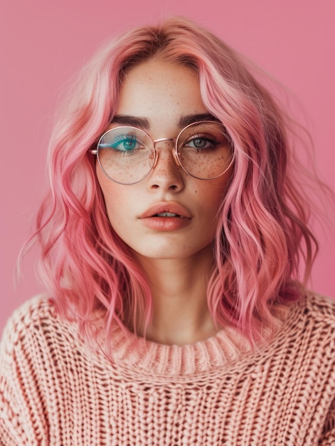 uma mulher com cabelo rosa e óculos