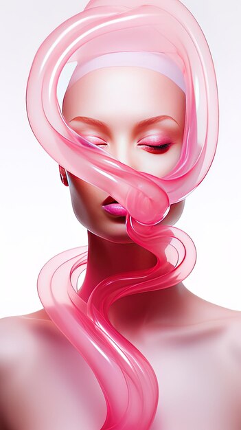 uma mulher com cabelo rosa e olhos cor-de-rosa está coberta de tubos rosados