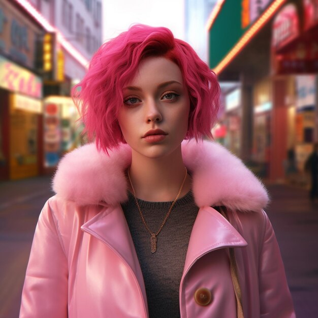 uma mulher com cabelo rosa e um casaco de pele rosa está em frente a uma loja.