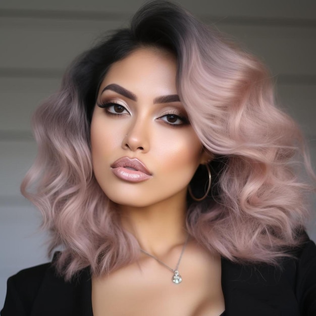 uma mulher com cabelo rosa e um colar na cabeça