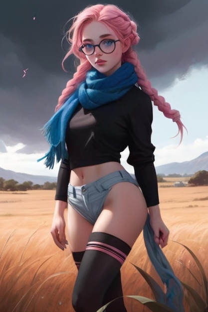 uma mulher com cabelo rosa e um lenço está de pé em um campo