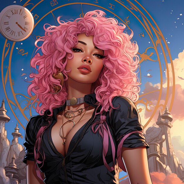 uma mulher com cabelo rosa e um relógio no fundo