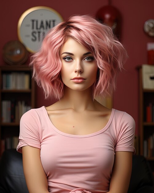 uma mulher com cabelo rosa e um sinal que diz a palavra nele