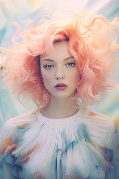 uma mulher com cabelo rosa e um vestido branco com um penteado rosa