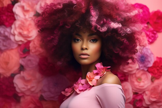 Uma mulher com cabelo rosa e uma flor rosa no cabelo.