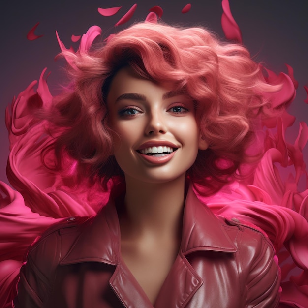 Uma mulher com cabelo rosa e uma jaqueta de couro