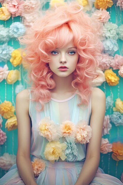 uma mulher com cabelo rosa e uma peruca rosa com flores no rosto