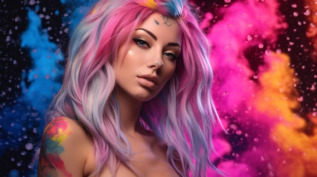 Uma mulher com cabelo rosa e uma tatuagem de arco-íris na cabeça