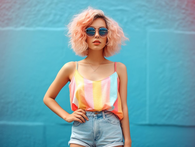 Uma mulher com cabelo rosa usando óculos escuros fica em frente a uma parede azul