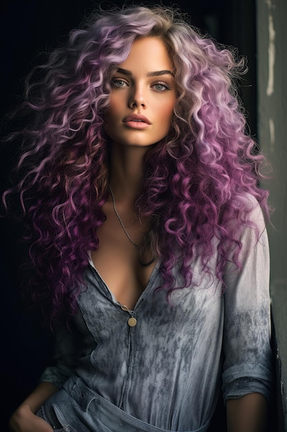 Uma mulher com cabelo roxo com um longo cabelo roxo encaracolado