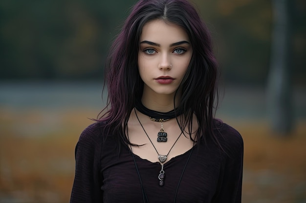 uma mulher com cabelo roxo e colares