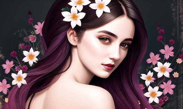 Uma mulher com cabelo roxo e flores nas costas