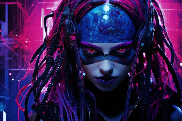 uma mulher com cabelo roxo e fones de ouvido na frente de um fundo futurista