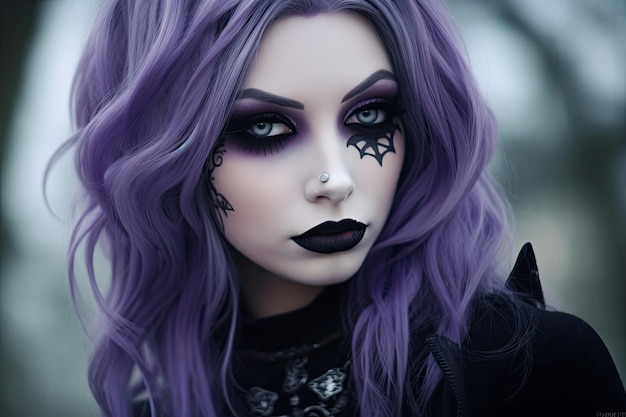 Foto uma mulher com cabelo roxo e maquiagem preta