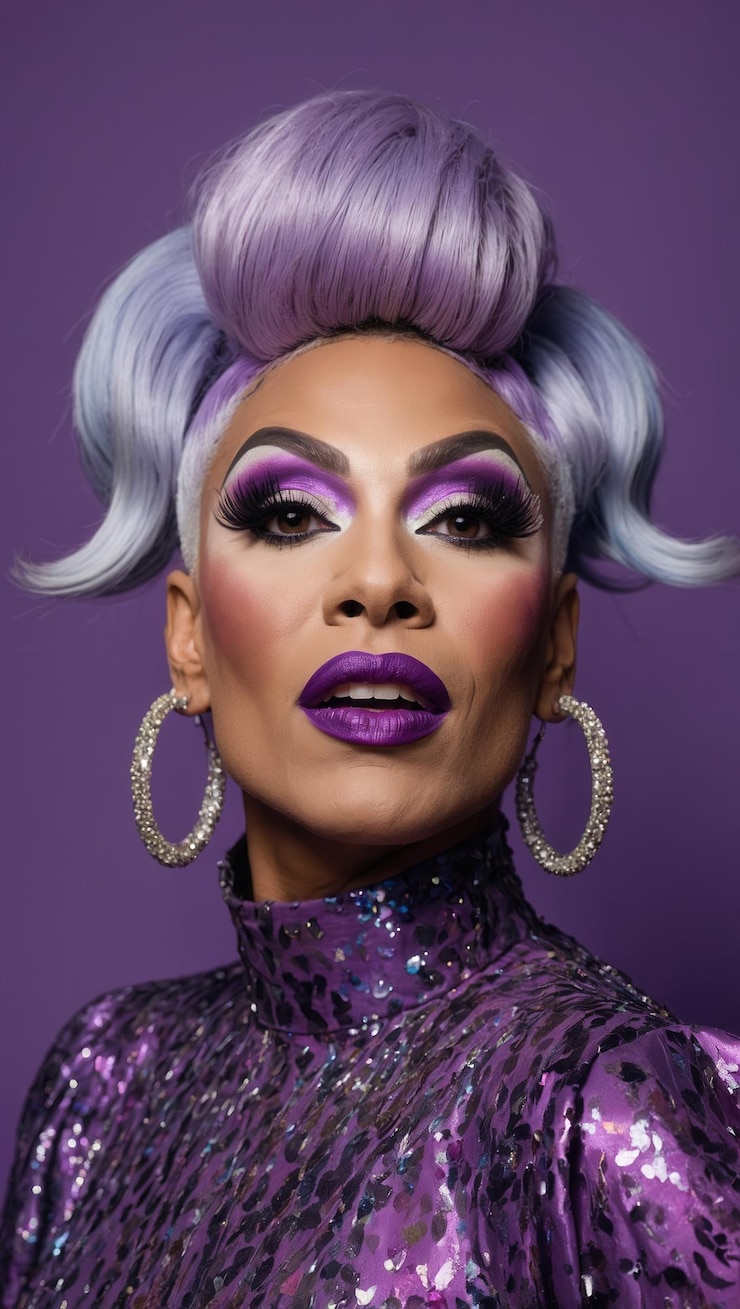 Foto uma mulher com cabelo roxo e maquiagem roxa está vestindo um vestido roxo