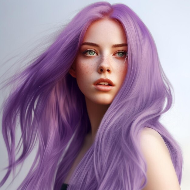 Foto uma mulher com cabelo roxo e um cabelo roxo com uma faixa roxa no rosto.