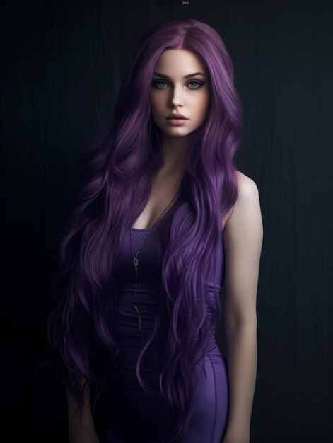 Foto uma mulher com cabelo roxo e um vestido roxo com um longo cabelo roxo.