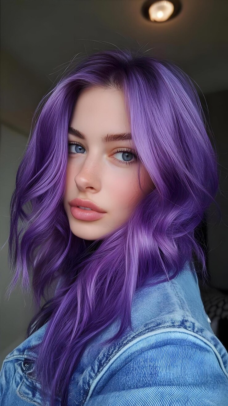 Foto uma mulher com cabelo roxo e um