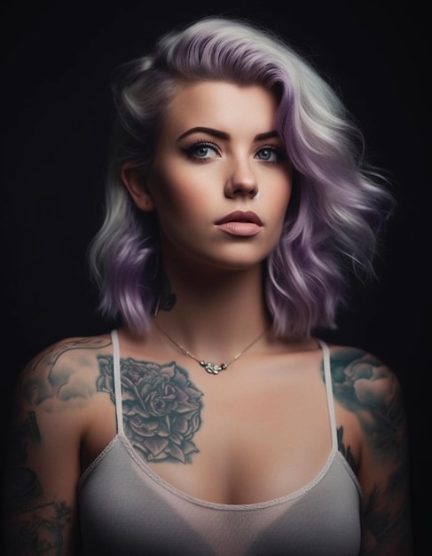 Uma mulher com cabelo roxo e uma tatuagem no peito