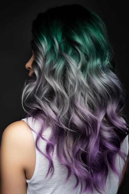 Uma mulher com cabelo roxo e verde com um top branco