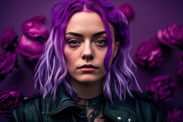 Uma mulher com cabelo roxo fica na frente de um fundo roxo