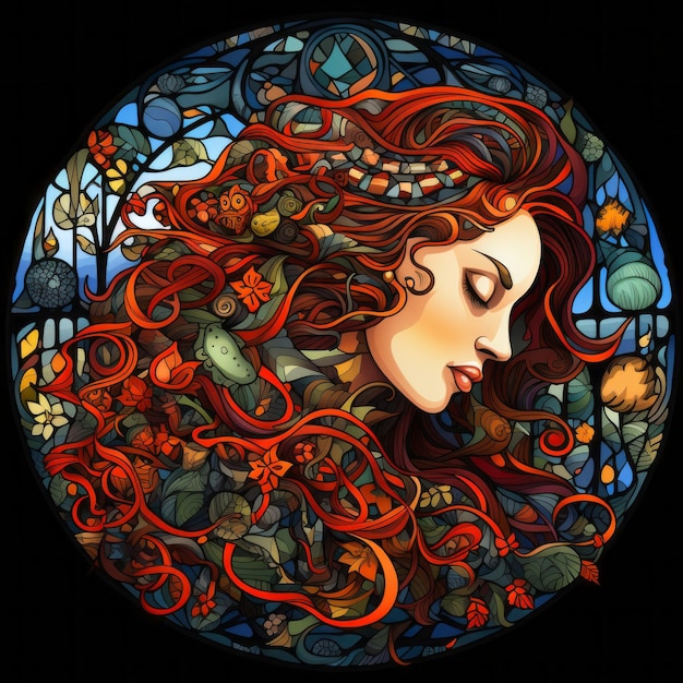 uma mulher com cabelo ruivo e flores no cabelo