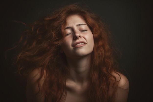 Uma mulher com cabelo ruivo e um fundo escuro