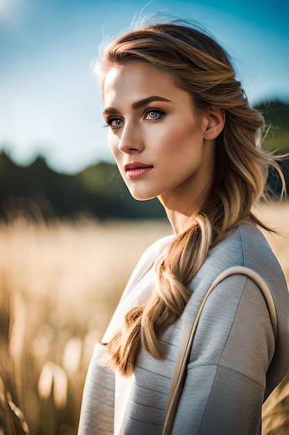 Uma mulher com cabelo trançado fica em um campo