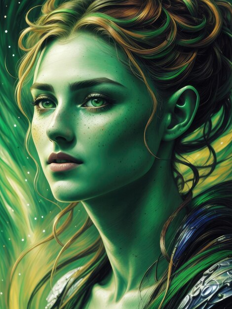 Uma mulher com cabelo verde e um cabelo verde com a palavra aqua nele.