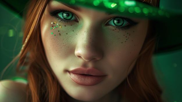 Uma mulher com cabelo vermelho e olhos verdes está usando um chapéu verde no dia de São Patrício