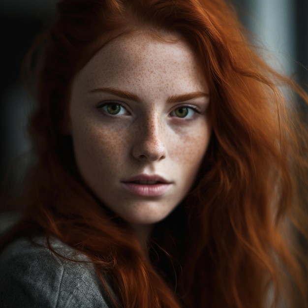 uma mulher com cabelo vermelho e pecas no rosto