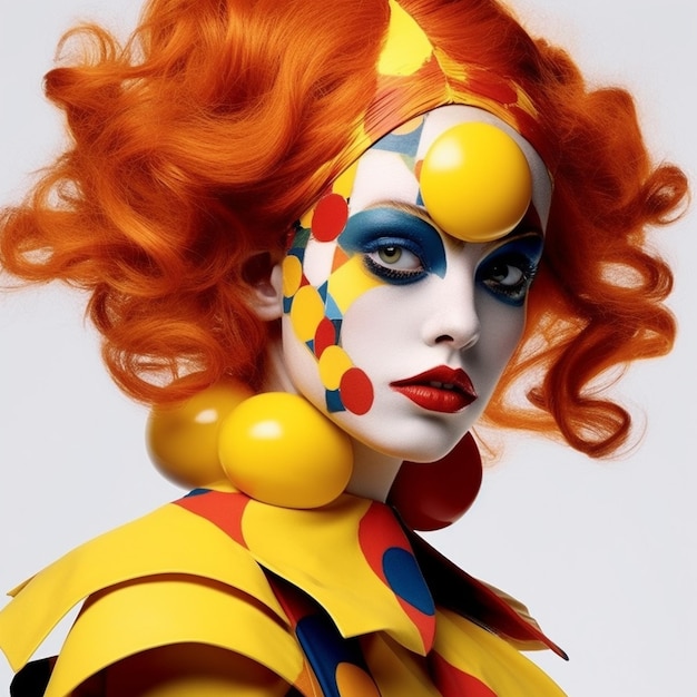 Uma mulher com cabelo vermelho e pintura facial amarela tem um padrão de pontos na cara.