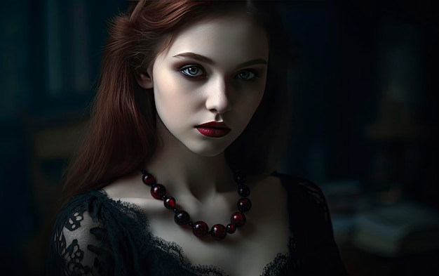 Uma mulher com cabelo vermelho e um colar
