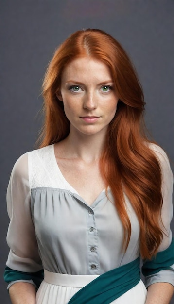 uma mulher com cabelo vermelho e um top branco com uma camisa azul