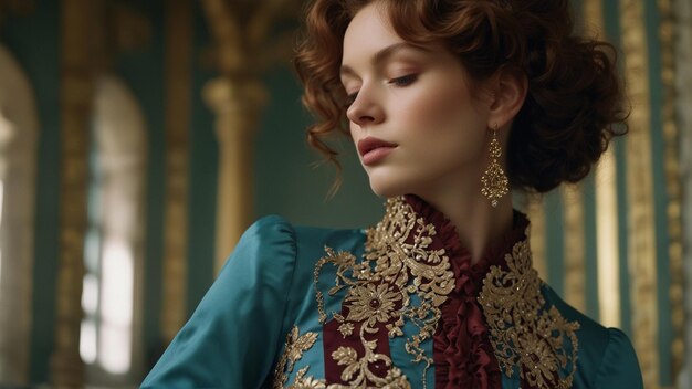 uma mulher com cabelo vermelho e um vestido azul com bordados dourados na frente