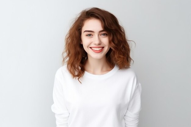 uma mulher com cabelo vermelho e uma camisa branca está posando para uma foto