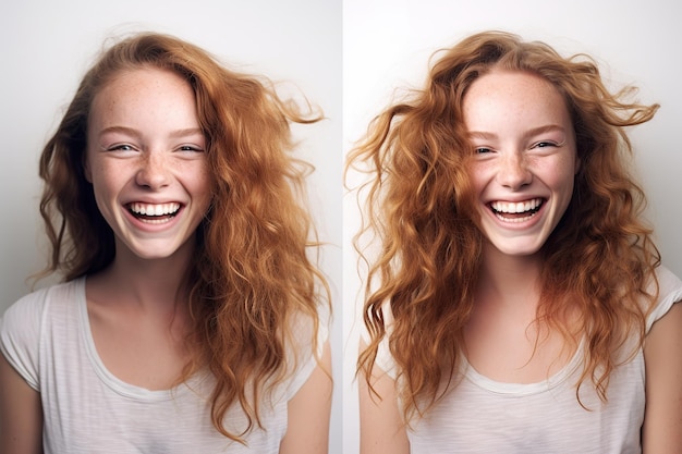 Foto uma mulher com cabelo vermelho e uma camisa branca sorri