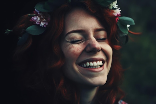 Uma mulher com cabelo vermelho e uma coroa de flores na cabeça