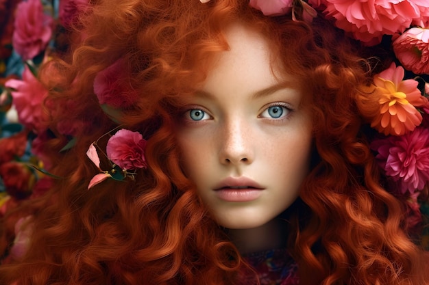 Uma mulher com cabelo vermelho e uma coroa de flores na cabeça