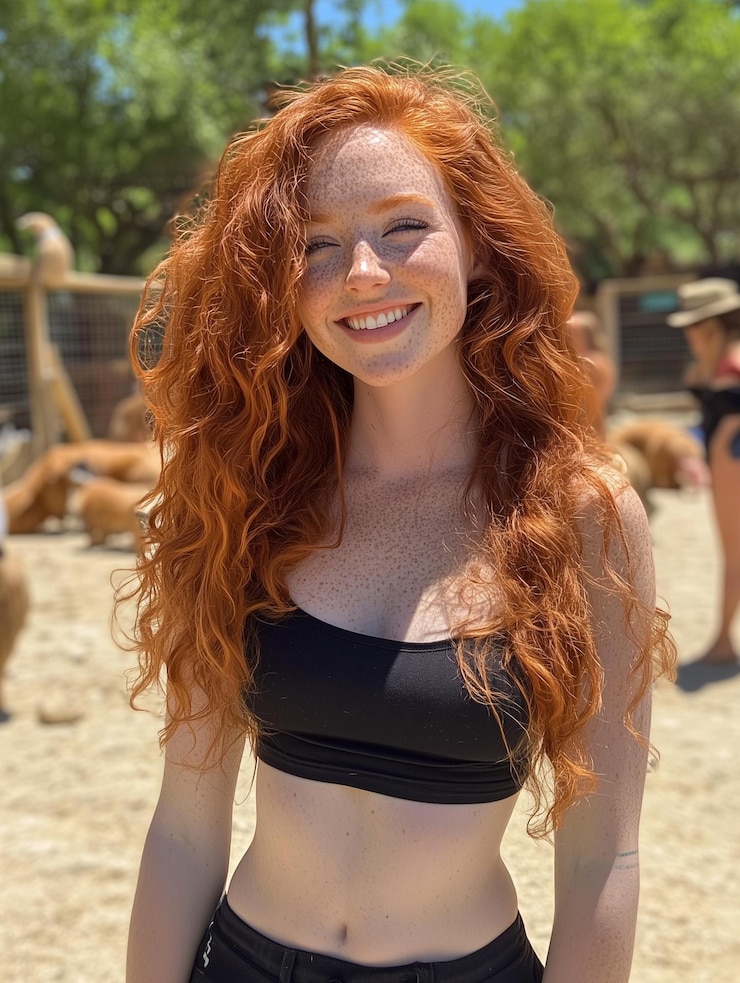 Foto uma mulher com cabelo vermelho e uma parte superior de biquíni preta está sorrindo