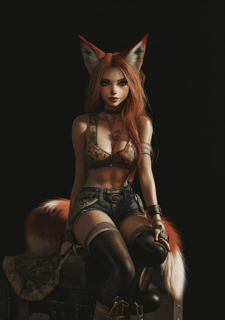 Foto uma mulher com cabelo vermelho e uma raposa vermelha na parte de trás senta-se em uma cadeira