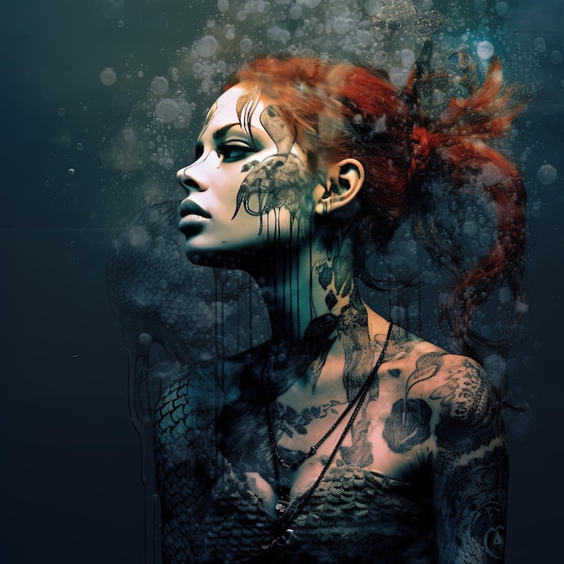 uma mulher com cabelo vermelho e uma tatuagem no braço está coberta de água