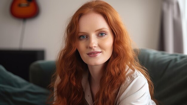 Uma mulher com cabelo vermelho senta-se em um sofá