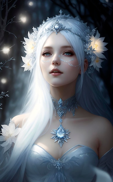 Uma mulher com cabelos brancos e uma coroa de flores